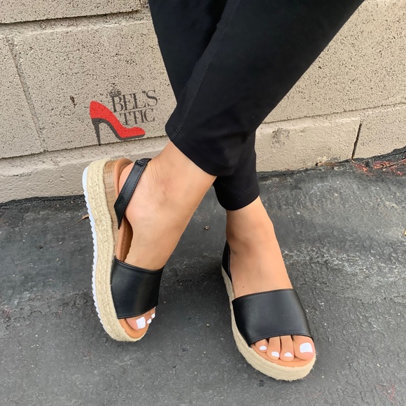 Black Faux Leather SlingBack Espadrille Platforms - Picture 3 of 5